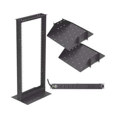 Kit de Rack Estándar 19", 24 UR con 2 Charolas  y PDU (8 tomas). Ideal para UPS y Servidores tipo Torre.