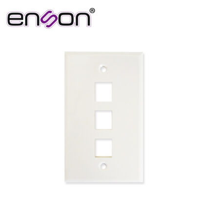 PLACA DE PARED (FACEPLATE) UNIVERSAL ENS-FP63 ENSON 3 PUERTOS ESTILO KEYCONNECT CAT6A CAT6 CAT5E CONECTORES DE FIBRA OPTICA Y COAXIALES COLOR BLANCO USO INTERIOR MATERIAL PLASTICO ABS