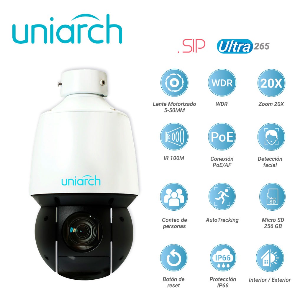 CAMARA IP PTZ UNIARCH IPC-P413-X20K / 3MP / ULTRA265/ LENTE MOTORIZADO 5-100 MM / WDR / ZOOM 20X / IR 100M / POE AT / 12VCD / ANALITICAS DE VIDEO DETECCION FACIAL / SIP / CONTEO DE PERSONAS / AUTOTRACKING / HASTA 1024 PRESETS / PATRULLAJE/CRUCERO / RANURA PARA MICRO SD 256 GB / BOTON DE RESET / IP66 / INTERIOR / EXTERIOR