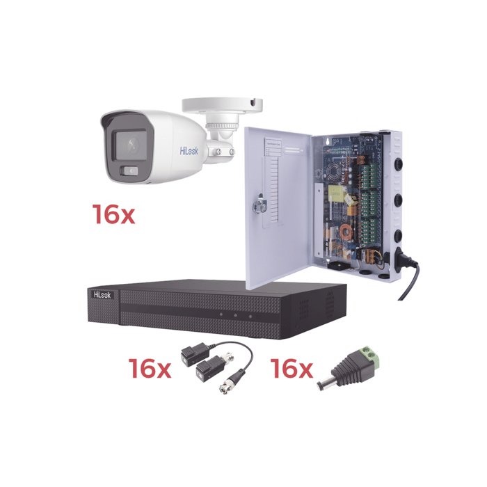 Kit TurboHD 1080p Lite / DVR 16 Canales / 16 Cámaras Bala Exterior ( 2.8mm) con ColorVu + Micrófono Integado / Transceptores / Conectores / Fuente de Poder Profesional