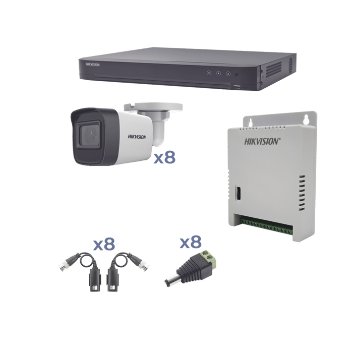 KIT TurboHD 1080p / DVR 8 Canales / 8 Cámaras Bala (exterior 2.8 mm) / Transceptores / Conectores / Fuente de Poder Profesional hasta 15 Vcc para Larga Distancia