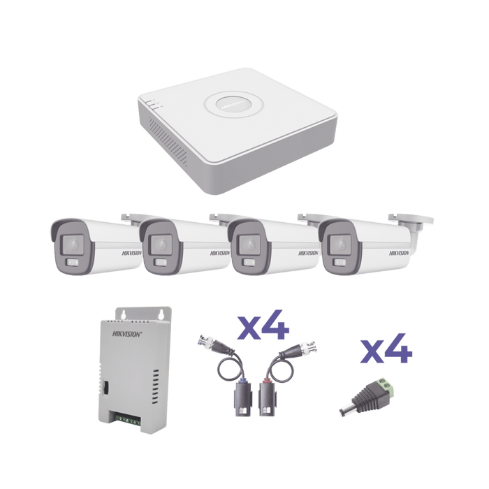 KIT COLORVU TURBOHD 1080p Lite / DVR 4 Canales / 4 Cámaras Bala (exterior 2.8 mm) / Transceptores / Conectores / Fuente de Poder Profesional