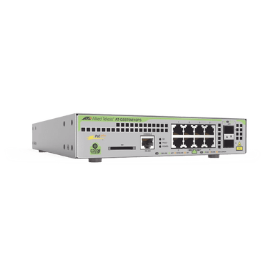 Switch PoE+ Administrable CentreCOM GS970M, Capa 3 de 8 Puertos 10/100/1000 Mbps + 2 SFP Gigabit, 124 W