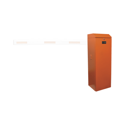Barrera vehicular izquierda / Soporta brazo de hasta 3 m / Apertura en 1.5 s /Final de carrera ajustable por programación / Movimiento fluido / Diseño elegante color naranja
