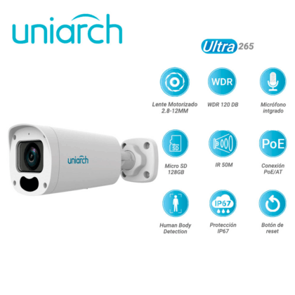 CAMARA IP BULLET UNIARCH IPC-B312-APKZ / 2MP / ULTRA265/ LENTE MOTORIZADO 2.8 MM-12 MM  / WDR 120DB / MICROFONO EMBEBIDO / RANURA PARA MICRO SD 128 GB /  IR 50M / POE AT Y 12VCD / ANALITICAS HUMAN BODY DETECTION / IP67 / BOTON DE RESET