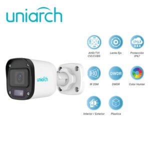 CAMARA ANALOGA BULLET COLORHUNTER UNIARCH UAC-B112-F28-W / 2MP / TVI/AHD/CVI: 1080P@30fps / LENTE-2.8MM / DWDR / IR20M / INTERIOR+EXTERIOR / ADMITE-GIRO180GRADOS(HORIZONTAL+VERTICAL) / PLASTICA / IP67 / 12 VCD