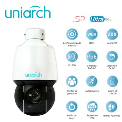CAMARA IP PTZ UNIARCH IPC-P413-X20K / 3MP / ULTRA265/ LENTE MOTORIZADO 5-100 MM / WDR / ZOOM 20X / IR 100M / POE AT / 12VCD / ANALITICAS DE VIDEO DETECCION FACIAL / SIP / CONTEO DE PERSONAS / AUTOTRACKING / HASTA 1024 PRESETS / PATRULLAJE/CRUCERO / RANURA PARA MICRO SD 256 GB / BOTON DE RESET / IP66 / INTERIOR / EXTERIOR