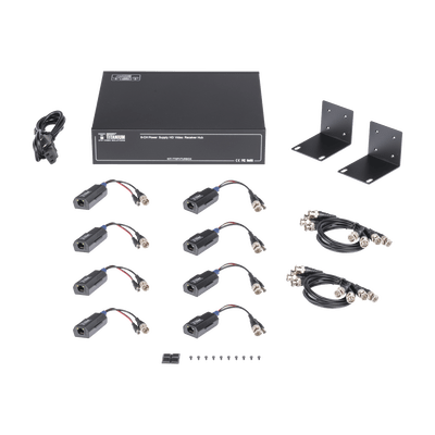 Kit de TRANSCEPTOR ACTIVO DE 8 CANALES / VIDEO+PODER en un solo Cable UTP / 150 metros en 4K, 200 metros en 5 MP/ Envía 36 Vcc y Recibe 12 Vcc / TODO INCLUIDO PARA RACK / Compatible con cámaras HD-TVI/CVI/AHD/CVBS / INSTALACIÓN LIMPIA