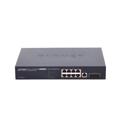 Switch Administrable Capa 2 de 8 Puertos PoE 802.3af/at Gigabit 140 W Max, 2 Puertos SFP, Modo Extendido Hasta 250 m.