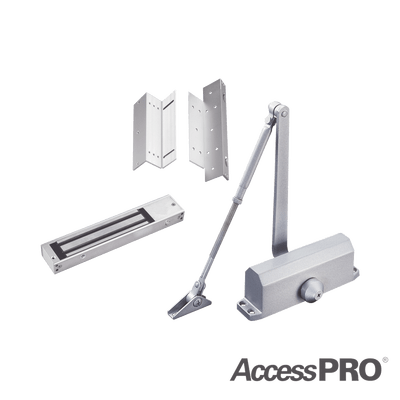Kit para control de acceso incluye Chapa magnética de 600Lbs / Montajes L y Z / Cierra puerta para 45-65Kg.