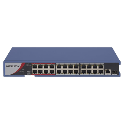 Switch PoE+ / No Administrable / 24 Puertos 10/100 Mbps PoE+ / 1 Puerto 1000 Mbps / 1 Puerto SFP Uplink / Modo Extendido hasta 300 Metros / 230 W