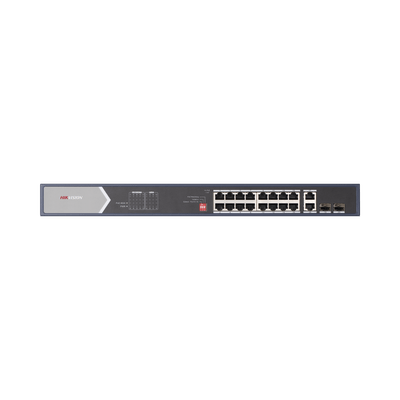 Switch Gigabit PoE+ / No Administrable / 16 Puertos 1000 Mbps PoE+ (4 Puertos PoE++ 90 W) / 2 Puertos 1000 Mbps Uplink + 2 Puertos SFP de Uplink / Modo Extendido hasta 300 Metros / 225 W