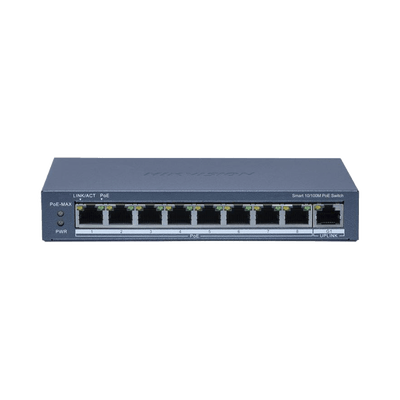 Switch PoE+ / Monitoreable / 8 Puertos 10/100 Mbps PoE+ / 1 Puerto 1000 Mbps de Uplink / Configuración Nube Hik-PartnerPro / Modo Extendido hasta 300 Metros / 110 W