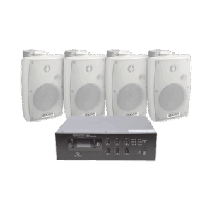 KIT de Amplificador de 120W para Escritorio | 4 Altavoces de Pared color Blanco 2.5W - 20W | Sistema 70/100V