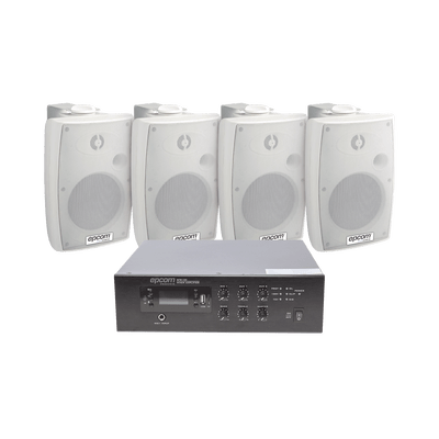 KIT de Amplificador de 120W para Escritorio | 4 Altavoces de Pared color Blanco 2.5W - 20W | Sistema 70/100V
