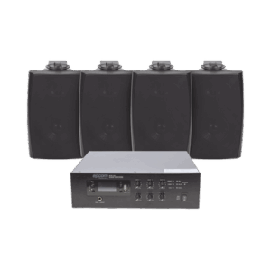 KIT de Amplificador de 120W para Escritorio | 4 Altavoces de Pared color Negro 2.5W - 20W | Sistema 70/100V