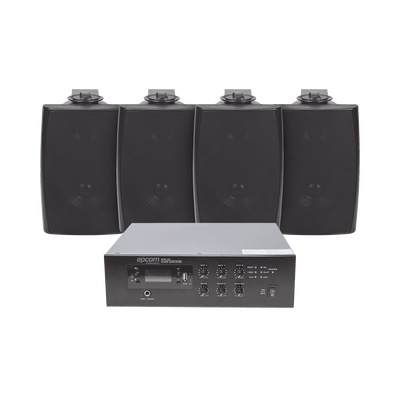 KIT de Amplificador de 120W para Escritorio | 4 Altavoces de Pared color Negro 2.5W - 20W | Sistema 70/100V