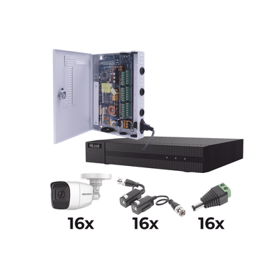 KIT TurboHD 1080p / DVR 16 Canales / 16 Cámaras Bala Policarbonato con Microfono (exterior 2.8 mm) / Transceptores / Conectores / Fuente de Poder Profesional