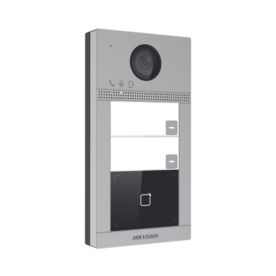 Videoportero IP 2 Megapixel / Llamada y Apertura Remota desde App Hik-Connect (requiere monitor) / PoE / Exterior IP65 + Antivandalico IK08 / 2 Departamentos / Apertura con Tarjeta / Soporta 2 Puertas y hasta 6 Monitores