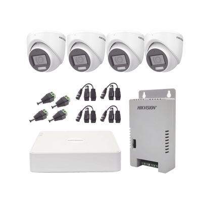 KIT TurboHD 1080p / DVR 4 Canales con audio por coaxitron / 4 Cámaras con Micrófono y  106° Visión/  luz blanca + IR visión nocturna  / Transceptores / Conectores / Fuente de Poder Profesional