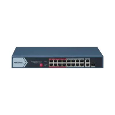 Switch PoE+ / No Administrable / 16 Puertos 10/100 Mbps PoE+ / 2 Puertos 1000 Mbps Uplink / 1 Puerto SFP Uplink / Modo Extendido hasta 300 Metros / 130 W