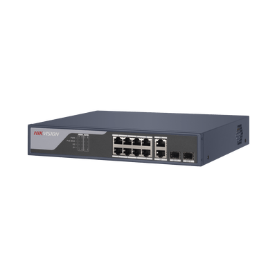 Switch PoE+ / Administrable / Uso en Rack / 8 Puertos 10/100 PoE+ / 2 Puertos 1000 Mbps Uplink / 2 Puertos SFP / Configuración Nube desde Hik-PartnerPro / Modo Extendido hasta 300 Metros / 125 W