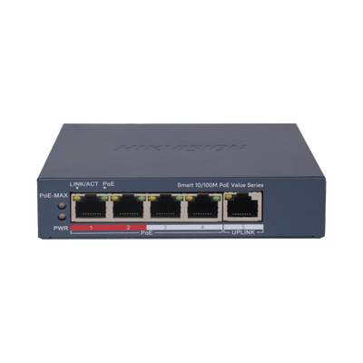 Switch PoE+ / Administrable / 4 Puertos 10/100 Mbps PoE+ / 1 Puerto 10/100 Mbps Uplink / Configuración Nube Hik-PartnerPro / Modo Extendido hasta 300 Metros / 45 W