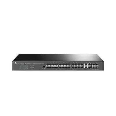 Switch de Fibra Óptica L2+ Omada / 24 puertos SFP 1GE / 4 Puertos Combinados SFP+/RJ45 Gigabit / 2 Puertos Consola RJ45|micro-SUB / Administración Centralizada Omada o Stand-Alone / Compatile con IPv6 /  Multicast IGMP