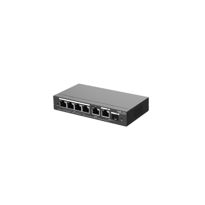 Switch Administrable con 4 puertos Gigabit PoE, 2 Uplink Gigabit y 1 Uplink Gigabit para Fibra SFP en combo, gestión gratuita desde la nube