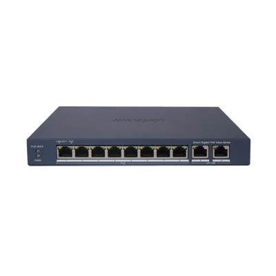 Switch Gigabit PoE+ / Administrable / 8 Puertos 1000 Mbps PoE+ / 2 Puertos 1000 Mbps de Uplink / Configuración Nube Hik-PartnerPro / Modo Extendido hasta 300 Metros / 60 W