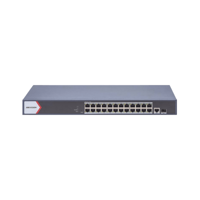 Switch Gigabit PoE+ / Administrable / 24 Puertos 1000 Mbps PoE+ / 1 Puerto 1000 Mbps Uplink  / 1 Puertos SFP Uplink / Configuración Nube Hik-Partner Pro / Modo Extendido hasta 300 Metros / 230 W