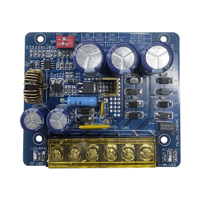 6 o 12  o 24 Vcc @ 4 A / Fuente tipo tarjeta/ 1 salida / requiere transformador de entrada  / capacidad de baterías / baterías no incluidas.