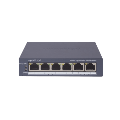 Switch Gigabit PoE+ / Administrable / 4 Puertos 1000 Mbps PoE+ / 2 Puertos 1000 Mbps Uplink / Configuración Nube Hik-PartnerPro / Modo Extendido hasta 300 Metros / 45 Watts