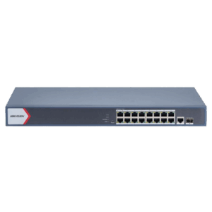 Switch Gigabit PoE+ / Administrable / 16 Puertos 1000 Mbps PoE+ / 1 Puerto 1000 Mbps de Uplink / 1 Puerto SFP /  Configuración Nube desde Hik-Partner Pro / Modo Extendido hasta 300 Metros / 230 Watts