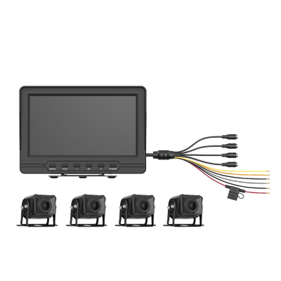 Sistema de Monitoreo Local / 4 Cámaras 1080p para Exterior (IP68) y Pantalla LCD de 7" a Color / Memoria Micro SD de 64 GB (Expandible a 512 GB) / Soporta Cambio de Cámara al Dar Reversa al Vehiculo / Accesorios de Instalación