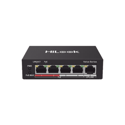 Switch PoE+ / 4 Puertos 10/100 Mbps PoE+ (af / at) / 1 Puerto 10/100 Mbps Uplink / Modo Extendido hasta 250 Metros / 35 Watts