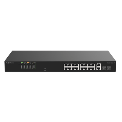 Switch PoE+ 120 Watts, No Administrable Ideal para CCTV, 16 Puertos 10/100, 2 Uplinks Gigabit y 2 SFP, Carcasa Metálica