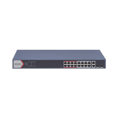 Switch PoE+ / Monitoreable / 16 puertos 10/100 Mbps PoE+ / 2 Puertos 1000 Mbps Uplink / 2 Puertos SFP de Uplink /  Configuración Nube Hik-Partner Pro / Modo Extendido hasta 300 metros / 230 W