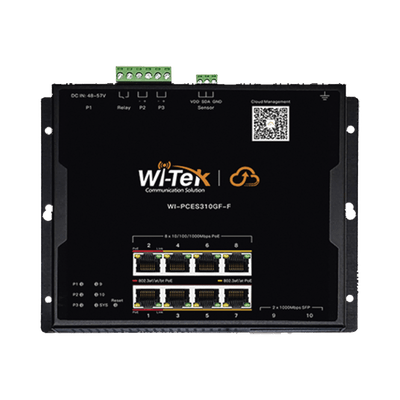 Switch L2 PoE Industrial / Administración Cloud Gratuita / 8 Puertos PoE af/at/bt 10/100/1000 Mbps / 2 Puertos SFP Gigabit / Máx Presupuesto PoE 145 W / Montaje Magnético - Riel DIN.