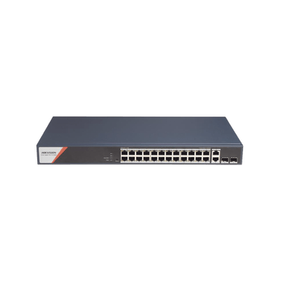Switch Gigabit PoE+ / Administrable / 24 Puertos 1000 Mbps PoE+ (4 Puertos PoE++ 90 W) / 2 Puertos 1000 Mbps de Uplink / 2 Puertos SFP / Configuración Nube Hik-PartnerPro / Modo Extendido hasta 300 Metros / 370 W