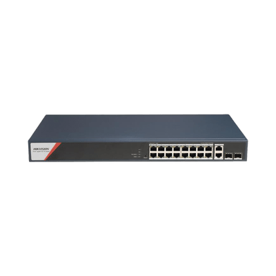 Switch Gigabit PoE+ / Administrable / 16 Puertos 1000 Mbps PoE+ (4 Puertos PoE++ 90 W) / 2 Puertos 1000 Mbps de Uplink / 2 Puertos SFP / Configuración Nube Hik-PartnerPro / Modo Extendido hasta 300 Metros / 230 W