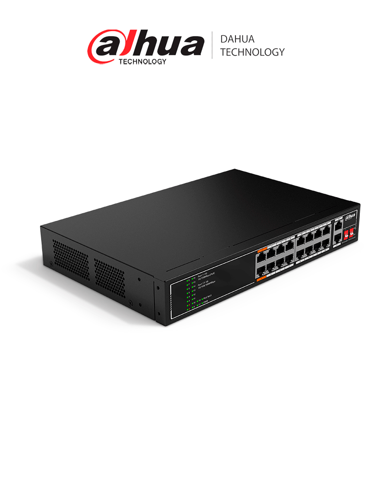 DAHUA SF1018LP - Switch PoE de 18 Puertos/ 135 Watts Totales/ 16 Puertos PoE 10/100/ 2 Puertos Uplink 10/100/1000/ Switching 7.2 Gbps/ Compatible con Standares:IEEE802.3af; IEEE802.3at; Hi-PoE/ PoE Hasta 250 Metros/ #LoNuevo