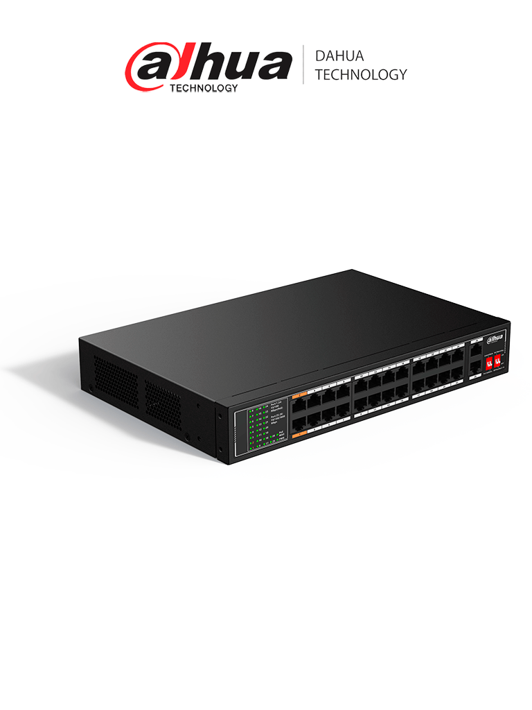 DAHUA DH-SF1026LP - Switch PoE Fast Ethernet de 26 Puertos/ Hasta 190 Watts Totales/ 24 Puertos PoE 10/100/ 2 Puertos Uplink 10/100/1000/ Switching 8.8 Gbps/ Standares: IEEE802.3af; IEEE802.3at; Hi-PoE/ PoE Hasta 250 Metros/ #LoNuevo #SWDA
