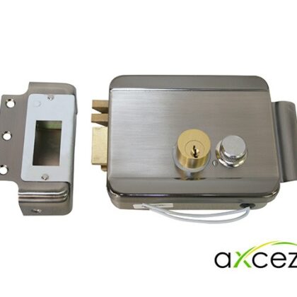 CERRADURA ELECTROMECANICA AXCEZE AX-LOCKL  ORIENTACION IZQUIERDA INSTALACION  SOBRE PONER  APERTURA INTERNA POR BOTON FABRICADA EN ACERO