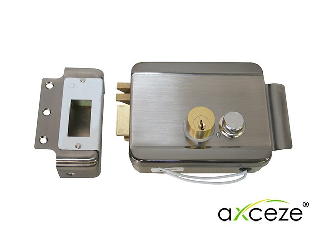 CERRADURA ELECTROMECANICA AXCEZE AX-LOCKL ORIENTACION IZQUIERDA INSTALACION SOBRE PONER APERTURA INTERNA POR BOTON FABRICADA EN ACERO