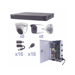 KIT TurboHD 1080p / DVR 16 Canales / 8 Cámaras Bala (exterior 2.8 mm) / 8 Cámaras Eyeball (exterior 2.8 mm) / Transceptores / Conectores / Fuente de Poder Profesional