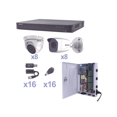 KIT TurboHD 1080p / DVR 16 Canales / 8 Cámaras Bala (exterior 2.8 mm) / 8 Cámaras Eyeball (exterior 2.8 mm) / Transceptores / Conectores / Fuente de Poder Profesional