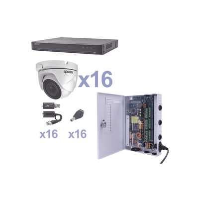KIT TurboHD 1080p / DVR 16 Canales / 16 Cámaras Eyeball (exterior 2.8 mm) / Transceptores / Conectores / Fuente de Poder Profesional