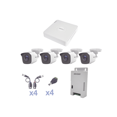 KIT TurboHD 1080 Lite / DVR 4 Canales / 4 Cámaras Bala (exterior 2.8 mm) / Transceptores / Conectores / Fuente de Poder Profesional