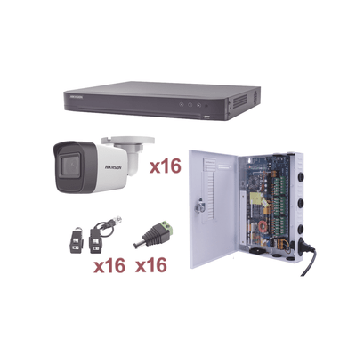 KIT TurboHD 1080p / DVR 16 Canales / 16 Cámaras Bala (exterior 2.8 mm) / Transceptores / Conectores / Fuente de Poder Profesional